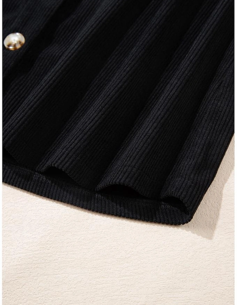 Black Hooded Drawstring Pockets Corduroy Shacket