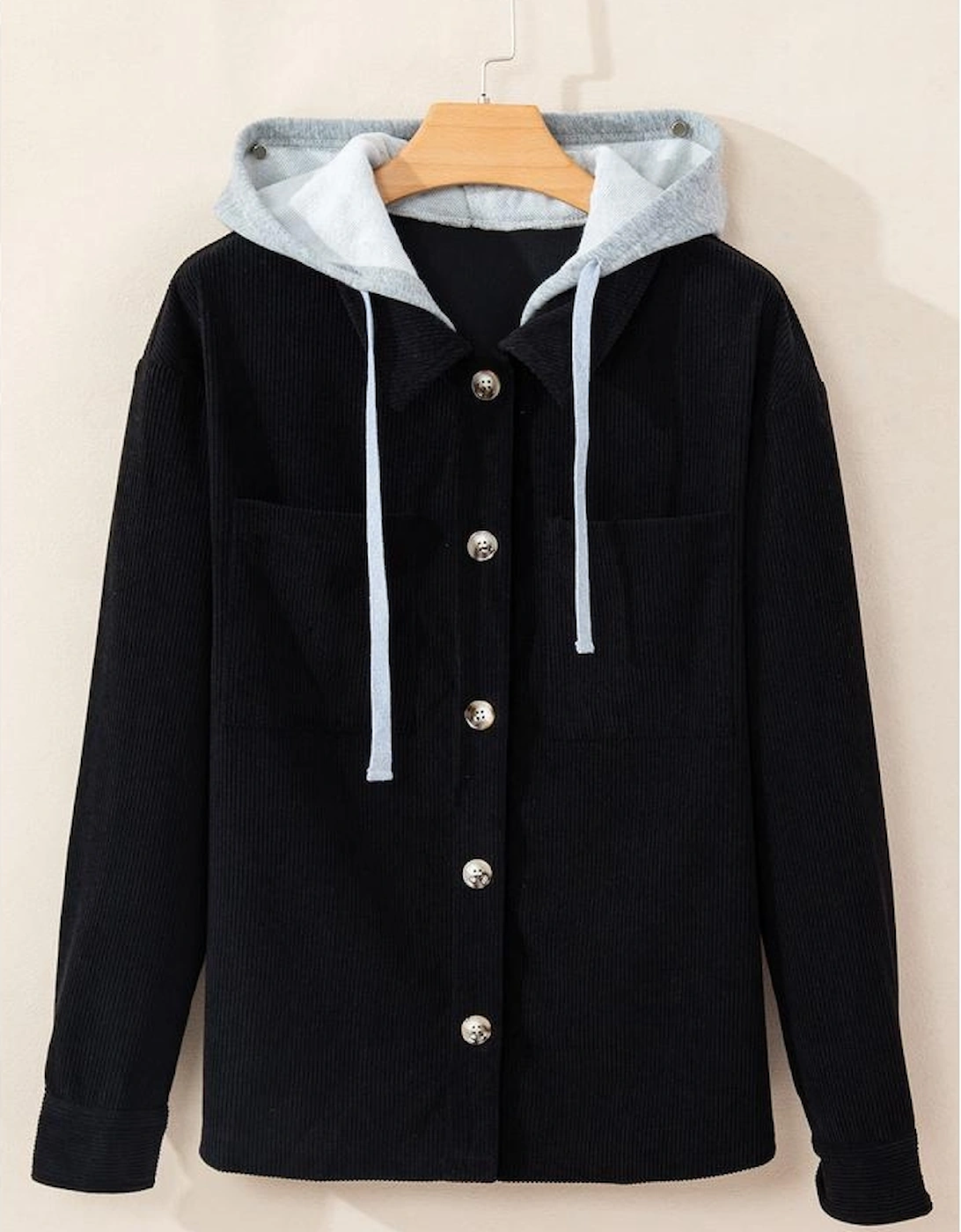Black Hooded Drawstring Pockets Corduroy Shacket