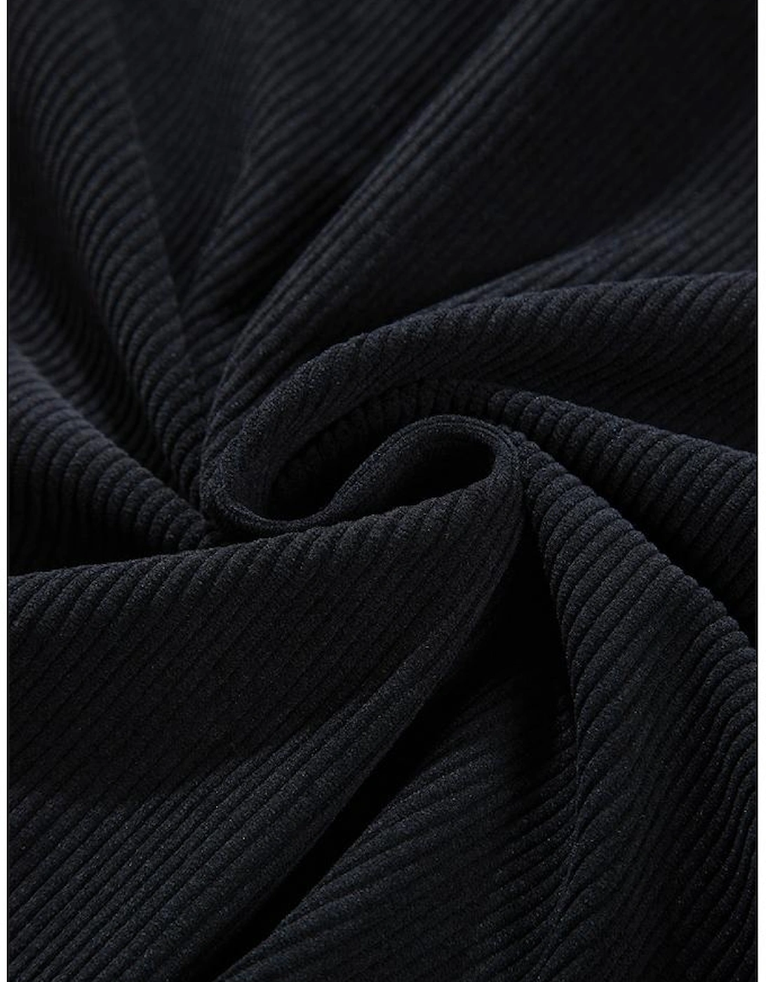 Black Hooded Drawstring Pockets Corduroy Shacket