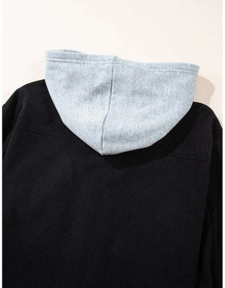 Black Hooded Drawstring Pockets Corduroy Shacket
