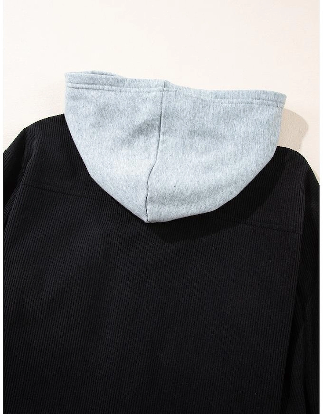 Black Hooded Drawstring Pockets Corduroy Shacket