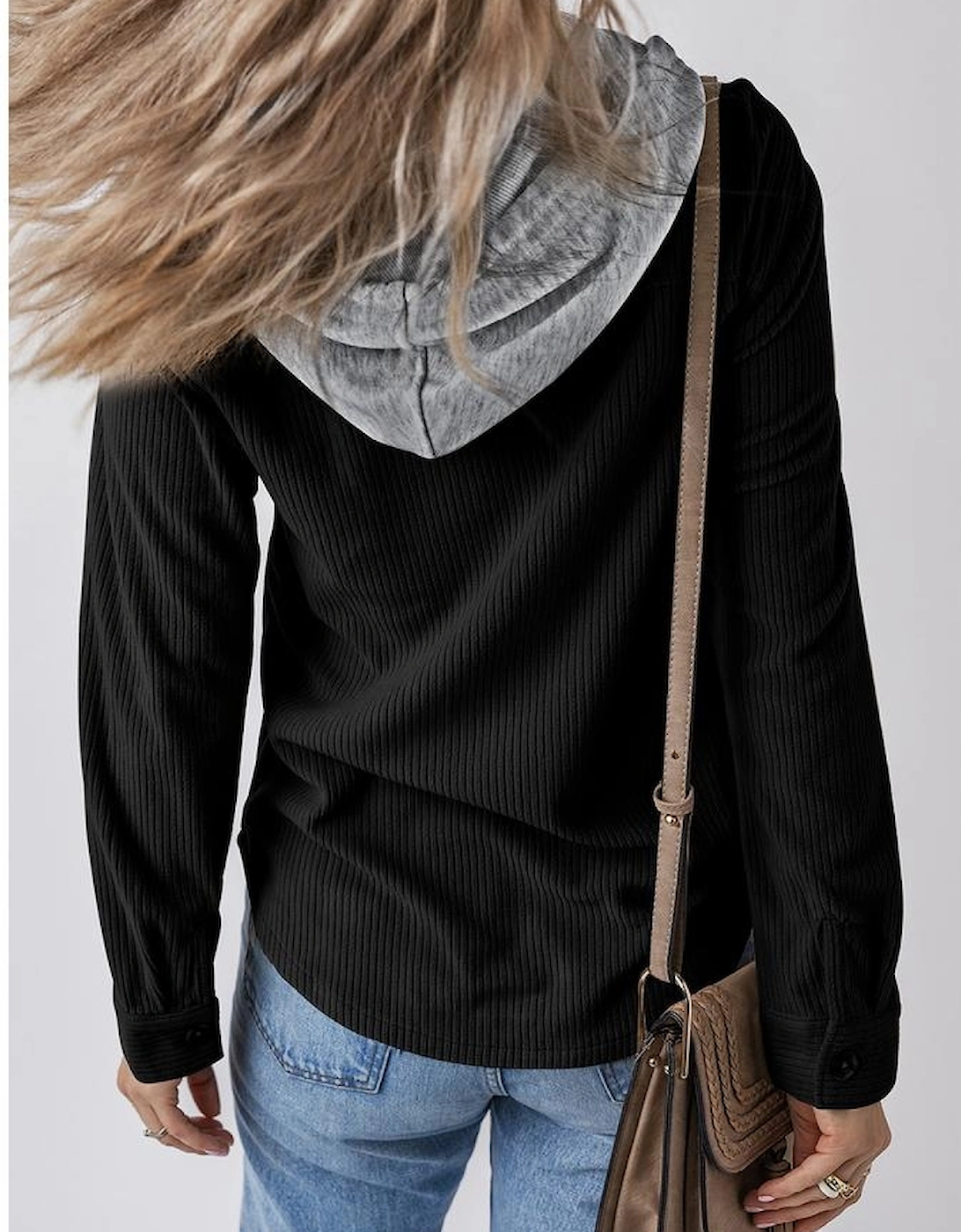 Black Hooded Drawstring Pockets Corduroy Shacket