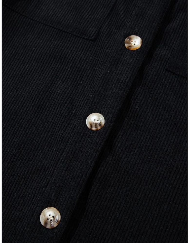 Black Hooded Drawstring Pockets Corduroy Shacket