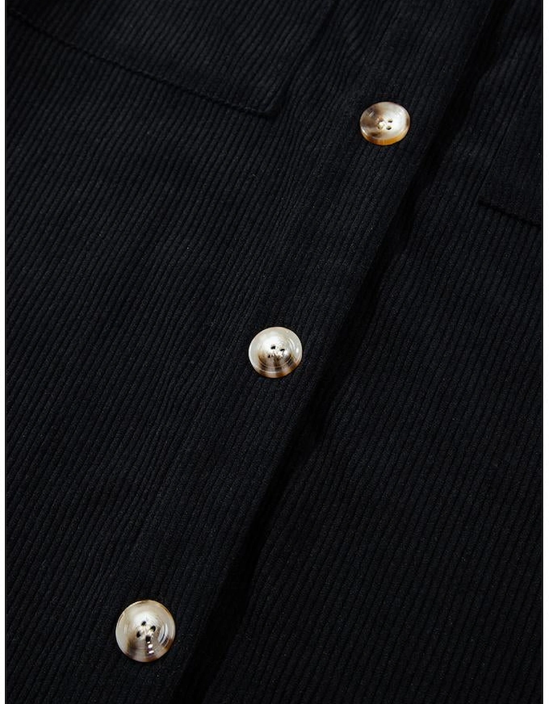 Black Hooded Drawstring Pockets Corduroy Shacket