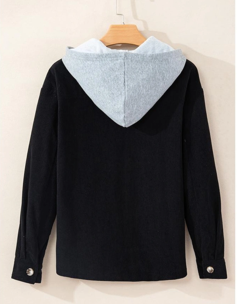 Black Hooded Drawstring Pockets Corduroy Shacket