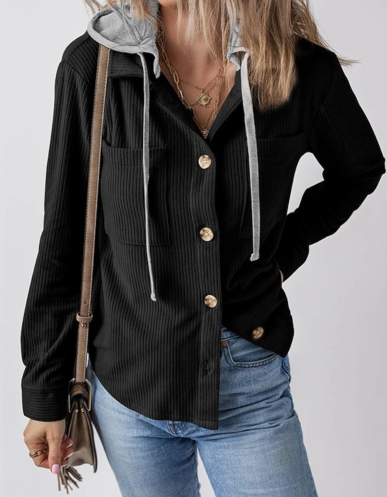 Black Hooded Drawstring Pockets Corduroy Shacket