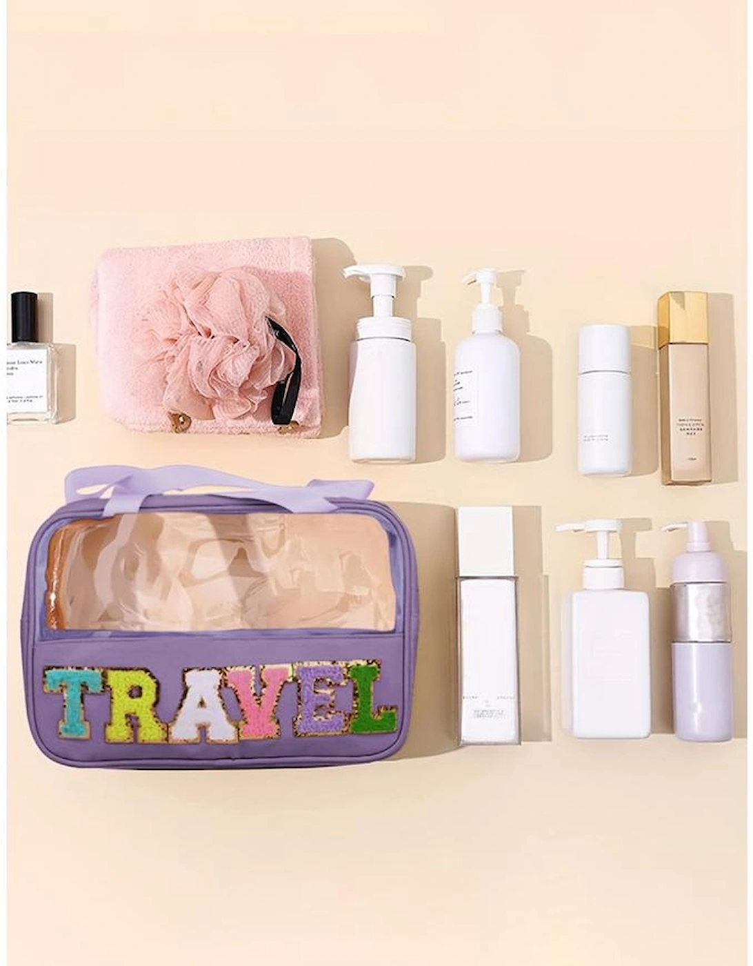 Purple TRAVEL Chenille Letter Clear PVC Makeup Bag