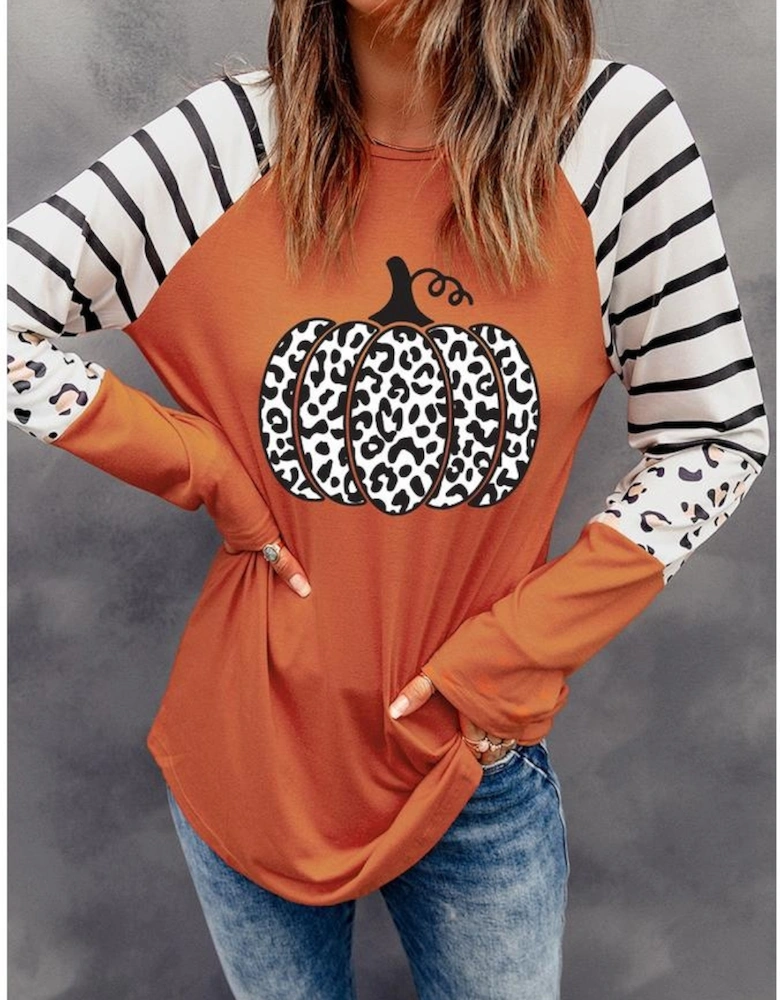 Orange Leopard Pumpkin Graphic Contrast Long Sleeve Top