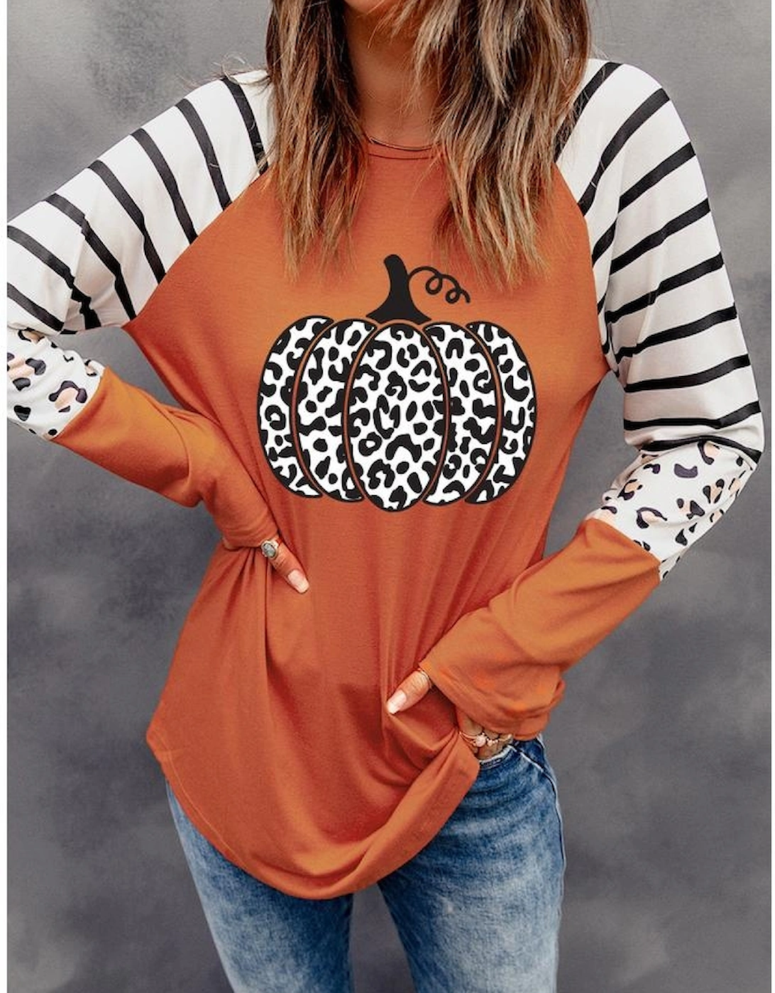 Orange Leopard Pumpkin Graphic Contrast Long Sleeve Top