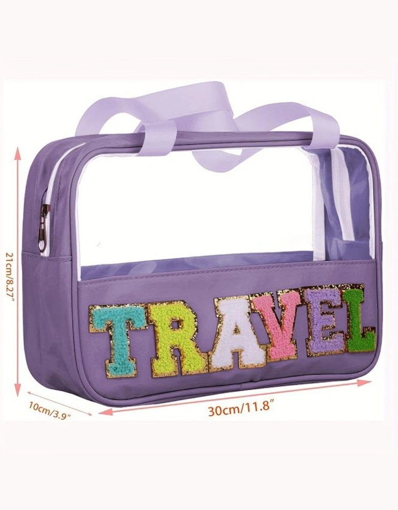 Purple TRAVEL Chenille Letter Clear PVC Makeup Bag