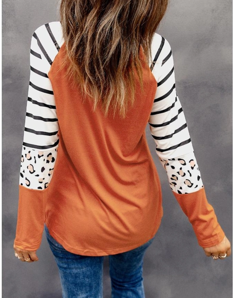 Orange Leopard Pumpkin Graphic Contrast Long Sleeve Top