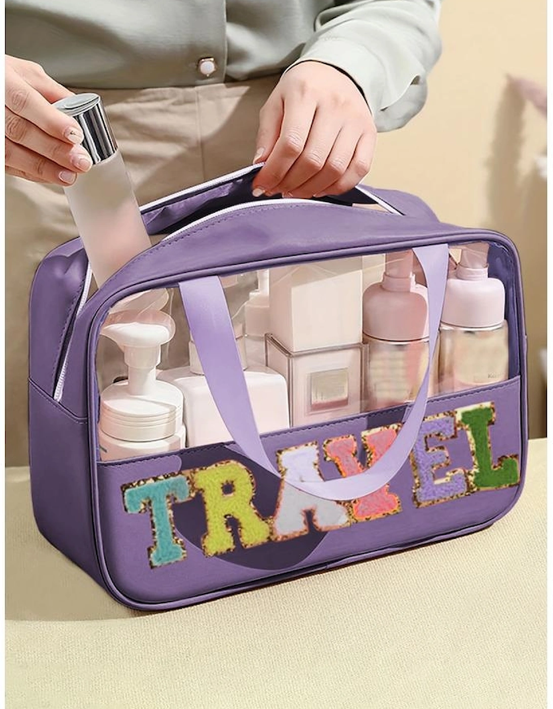 Purple TRAVEL Chenille Letter Clear PVC Makeup Bag