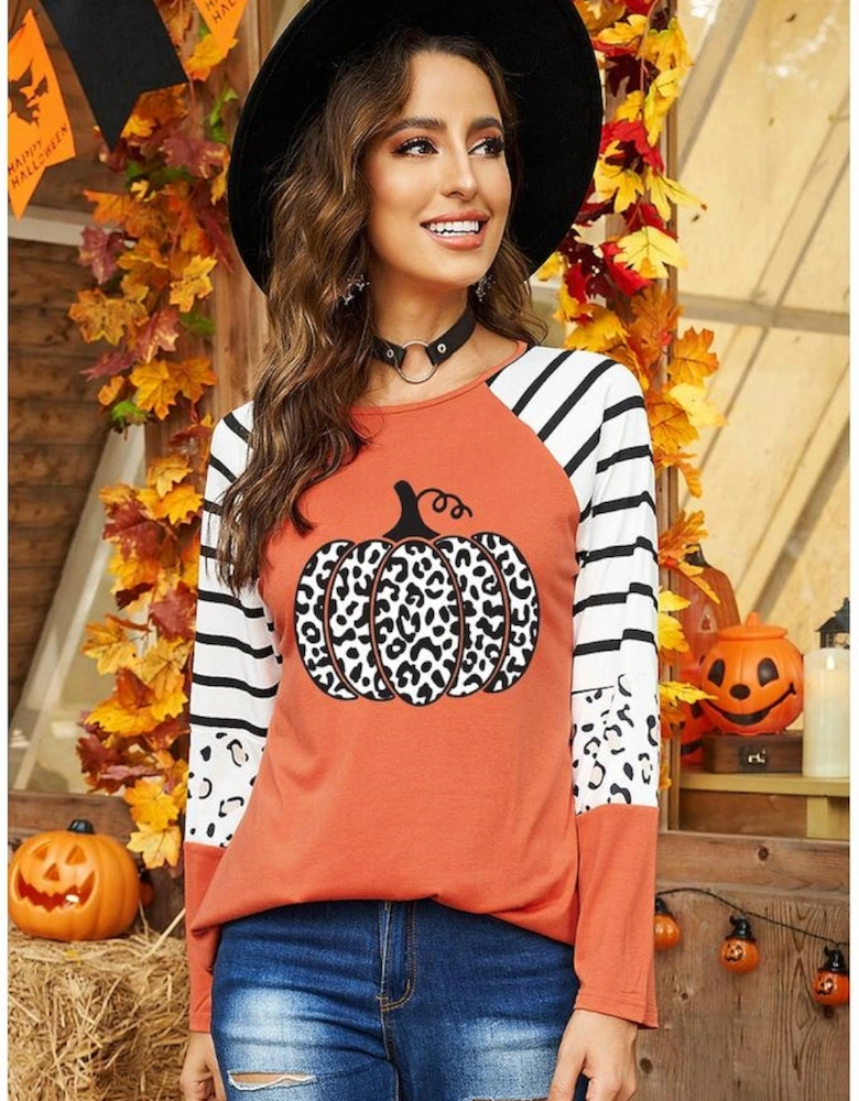 Orange Leopard Pumpkin Graphic Contrast Long Sleeve Top