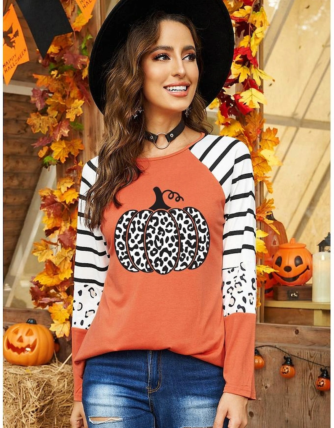 Orange Leopard Pumpkin Graphic Contrast Long Sleeve Top