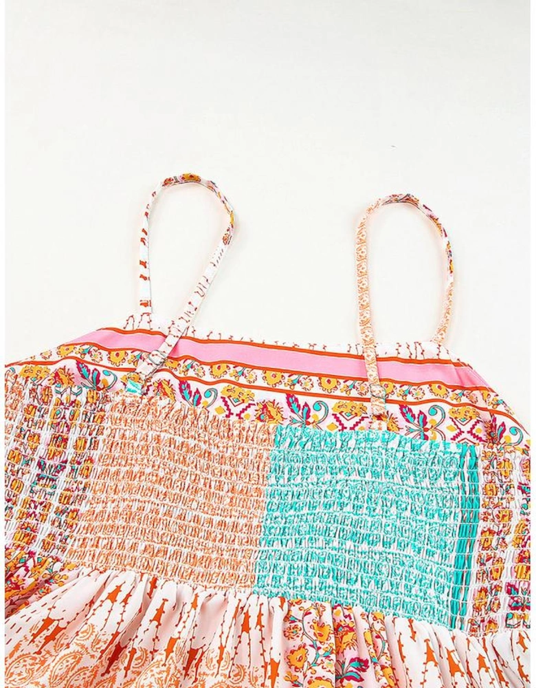 Multicolor Boho Patchwork Print Square Neck Sundress