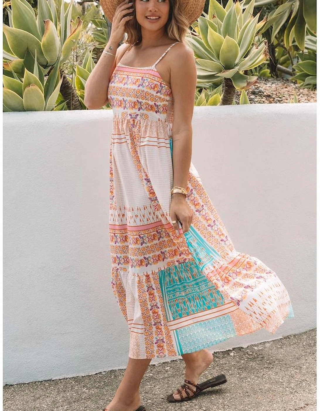 Multicolor Boho Patchwork Print Square Neck Sundress