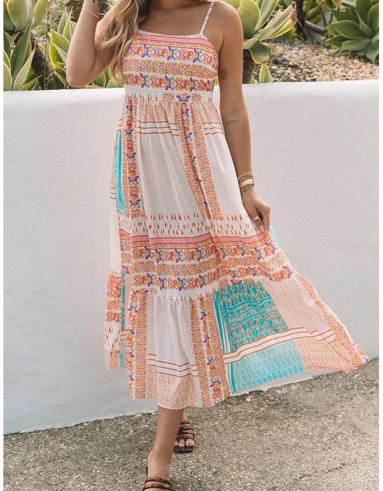 Multicolor Boho Patchwork Print Square Neck Sundress