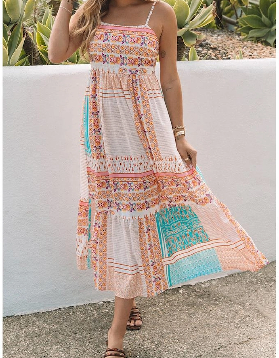 Multicolor Boho Patchwork Print Square Neck Sundress