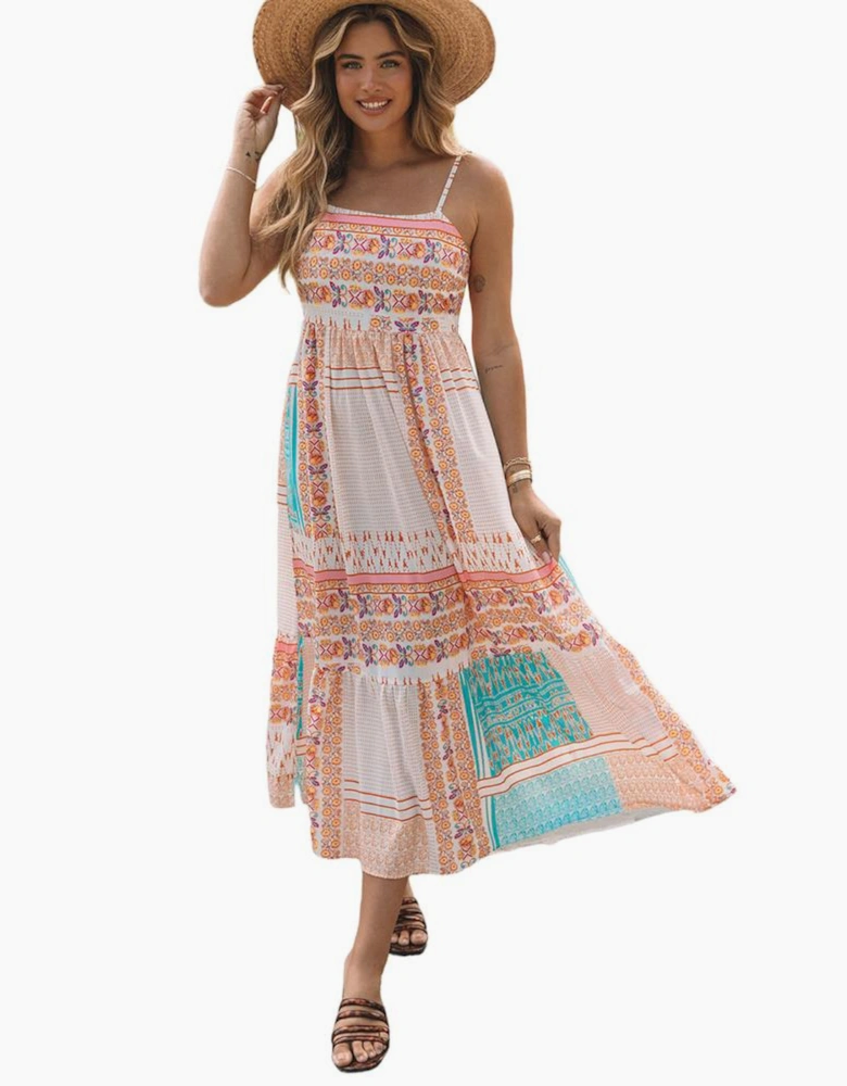 Multicolor Boho Patchwork Print Square Neck Sundress