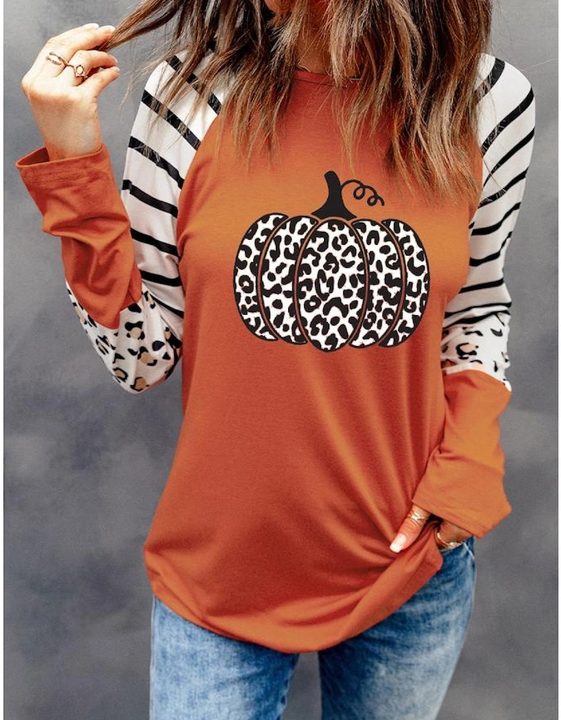 Orange Leopard Pumpkin Graphic Contrast Long Sleeve Top, 9 of 8