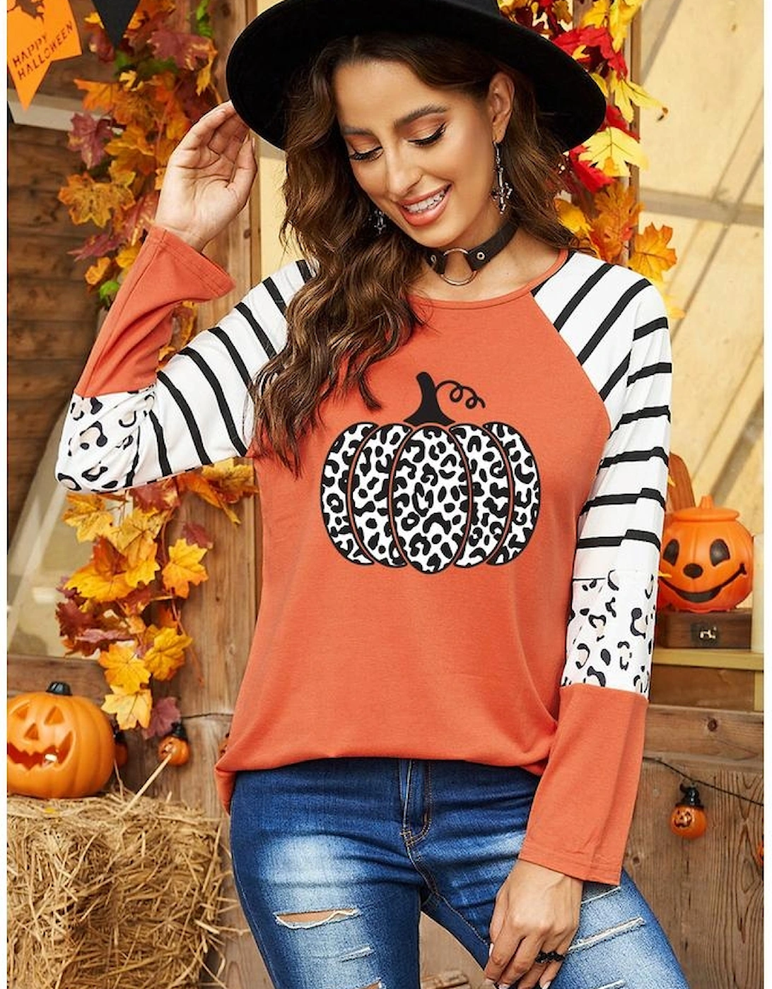 Orange Leopard Pumpkin Graphic Contrast Long Sleeve Top