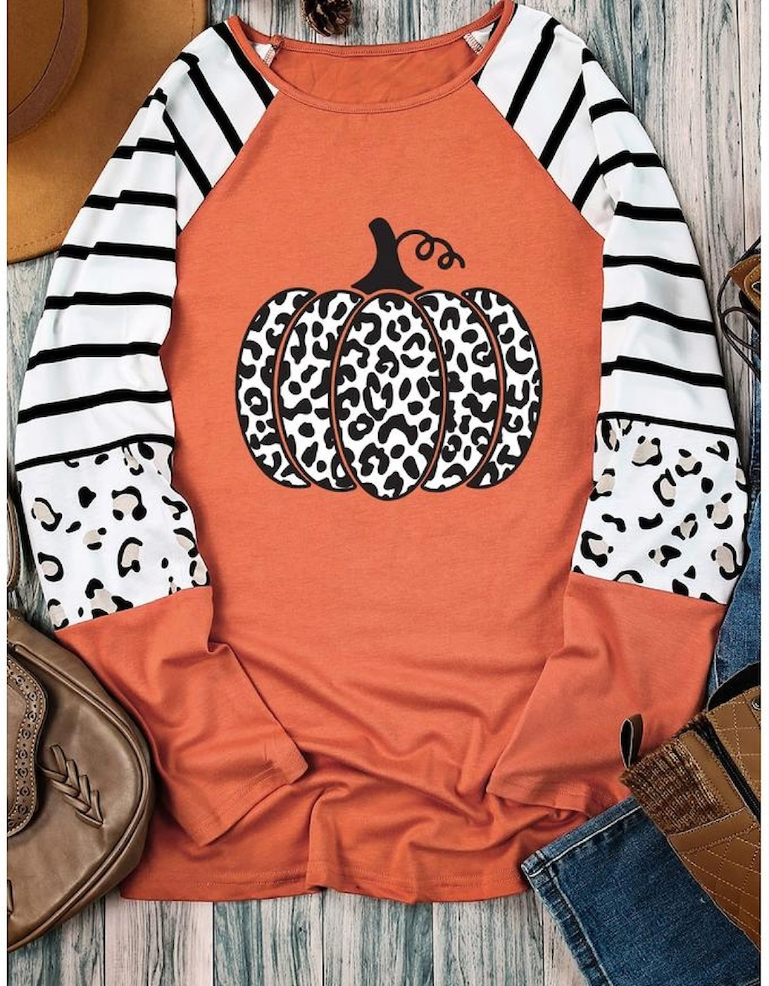 Orange Leopard Pumpkin Graphic Contrast Long Sleeve Top