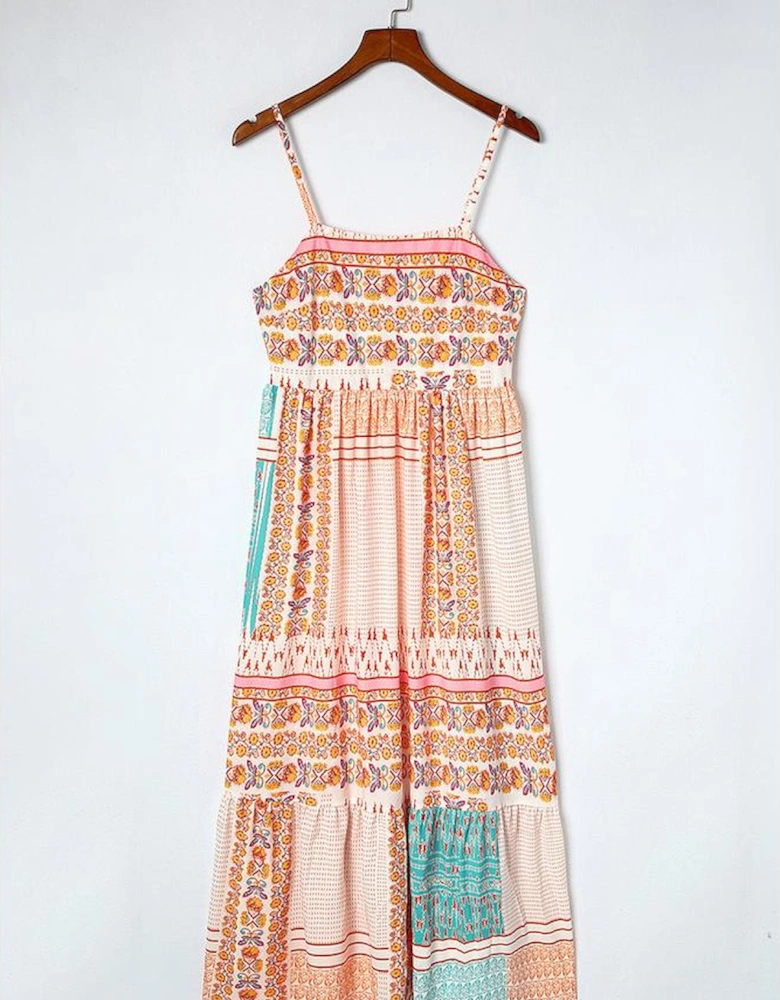 Multicolor Boho Patchwork Print Square Neck Sundress