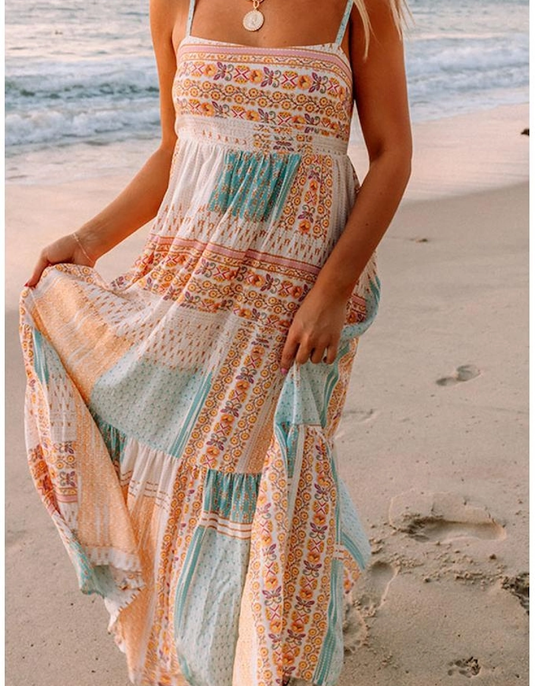 Multicolor Boho Patchwork Print Square Neck Sundress