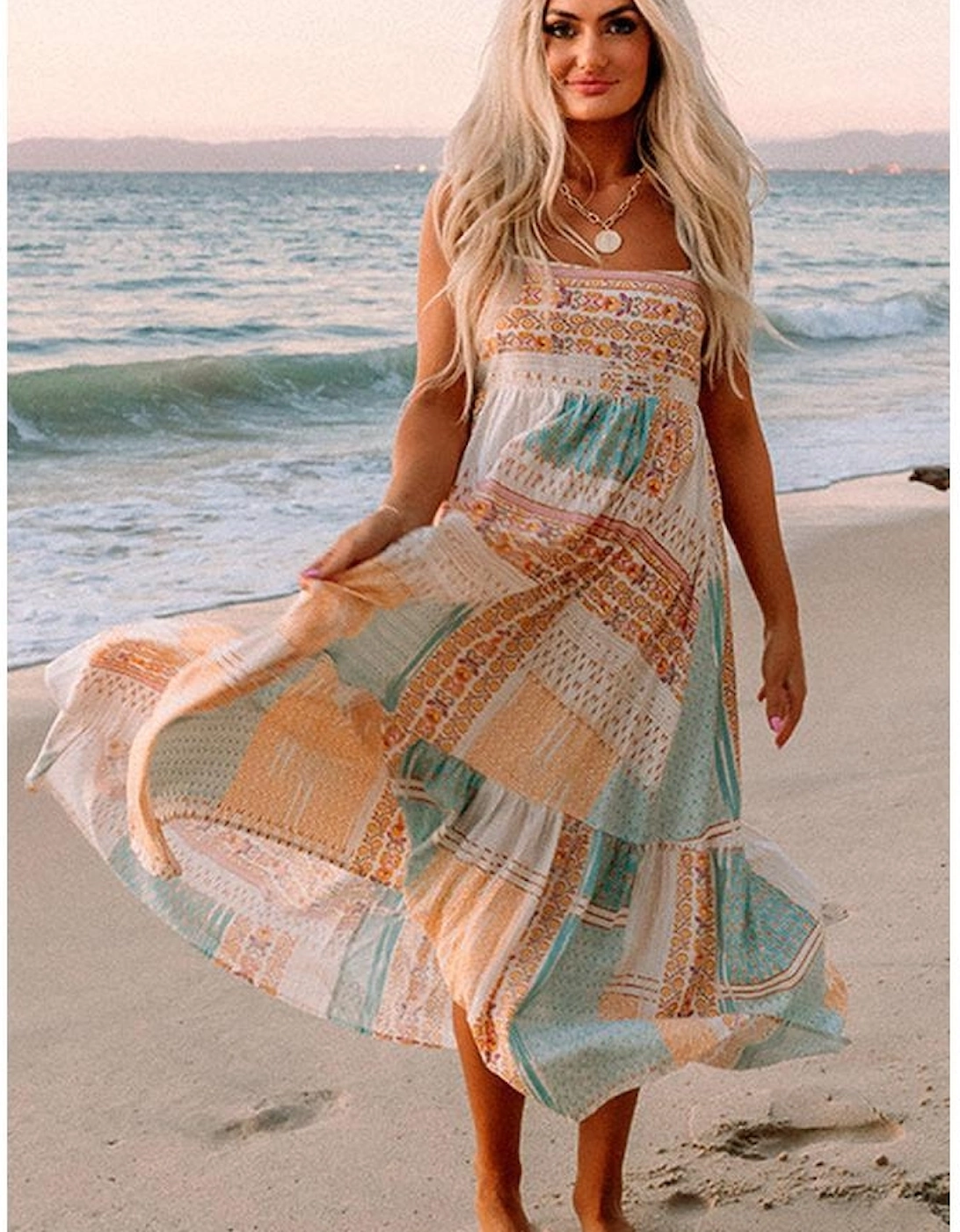 Multicolor Boho Patchwork Print Square Neck Sundress