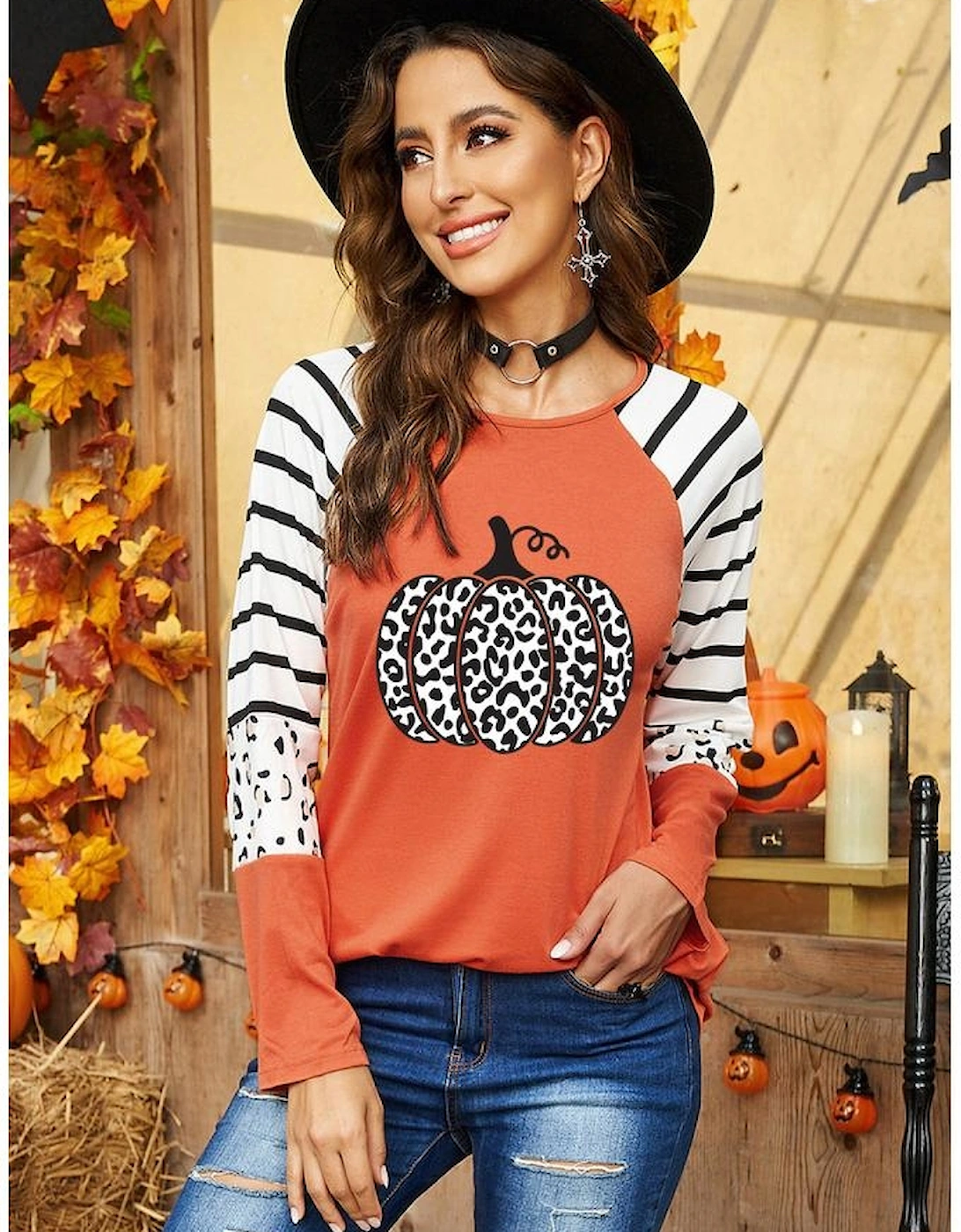 Orange Leopard Pumpkin Graphic Contrast Long Sleeve Top