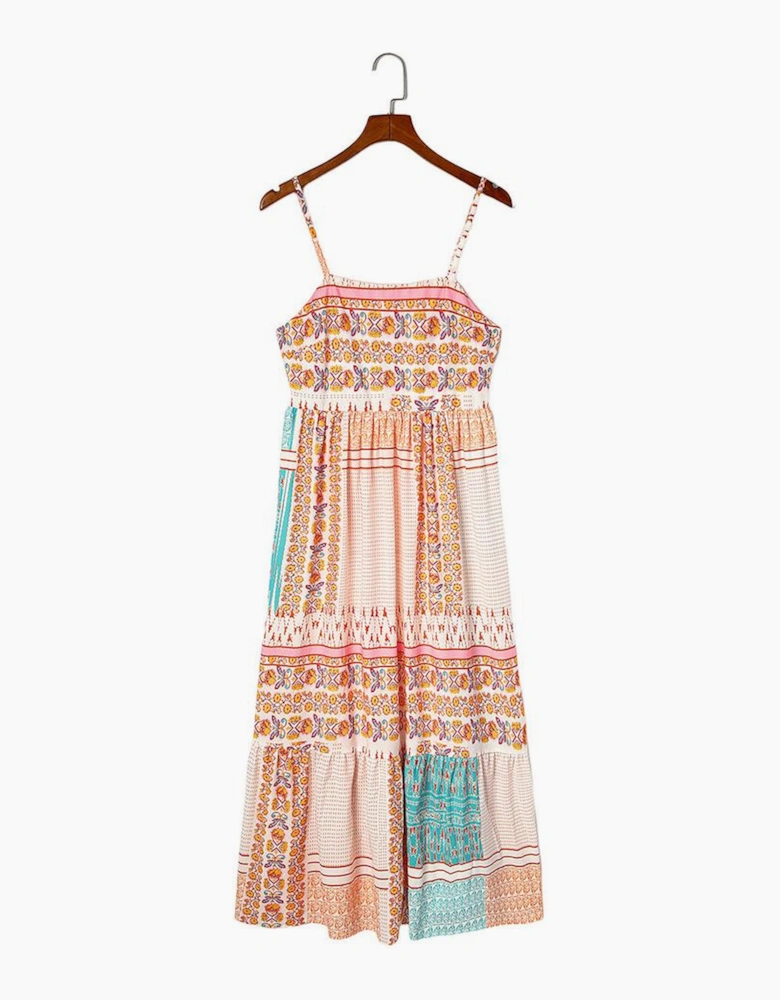 Multicolor Boho Patchwork Print Square Neck Sundress