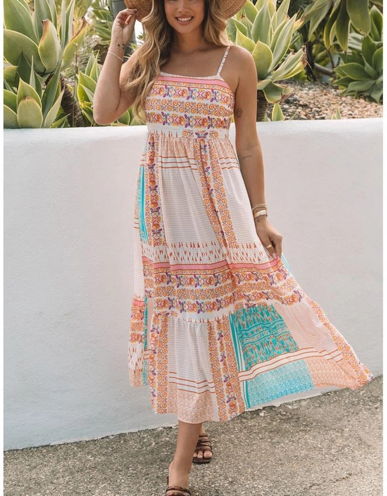 Multicolor Boho Patchwork Print Square Neck Sundress