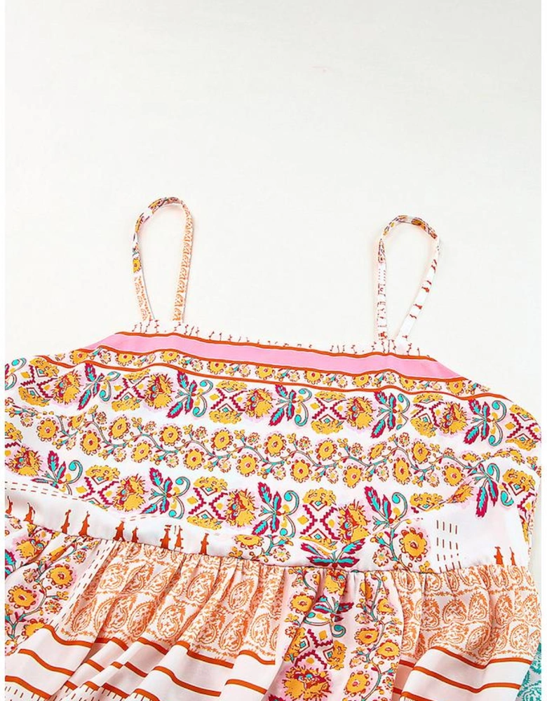 Multicolor Boho Patchwork Print Square Neck Sundress