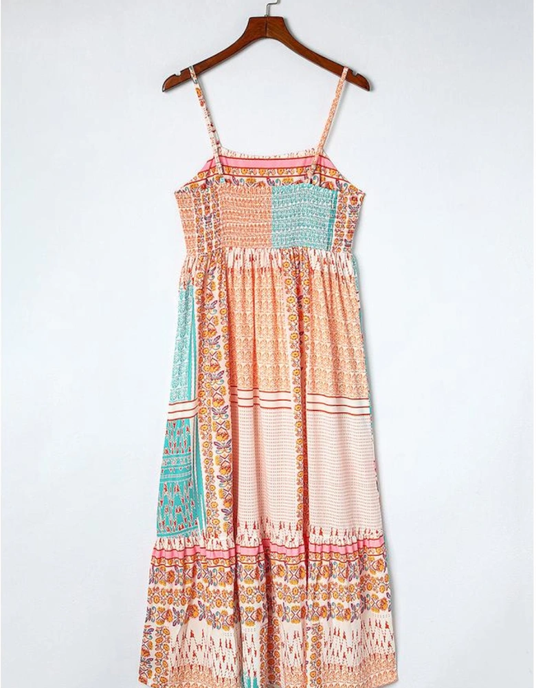 Multicolor Boho Patchwork Print Square Neck Sundress