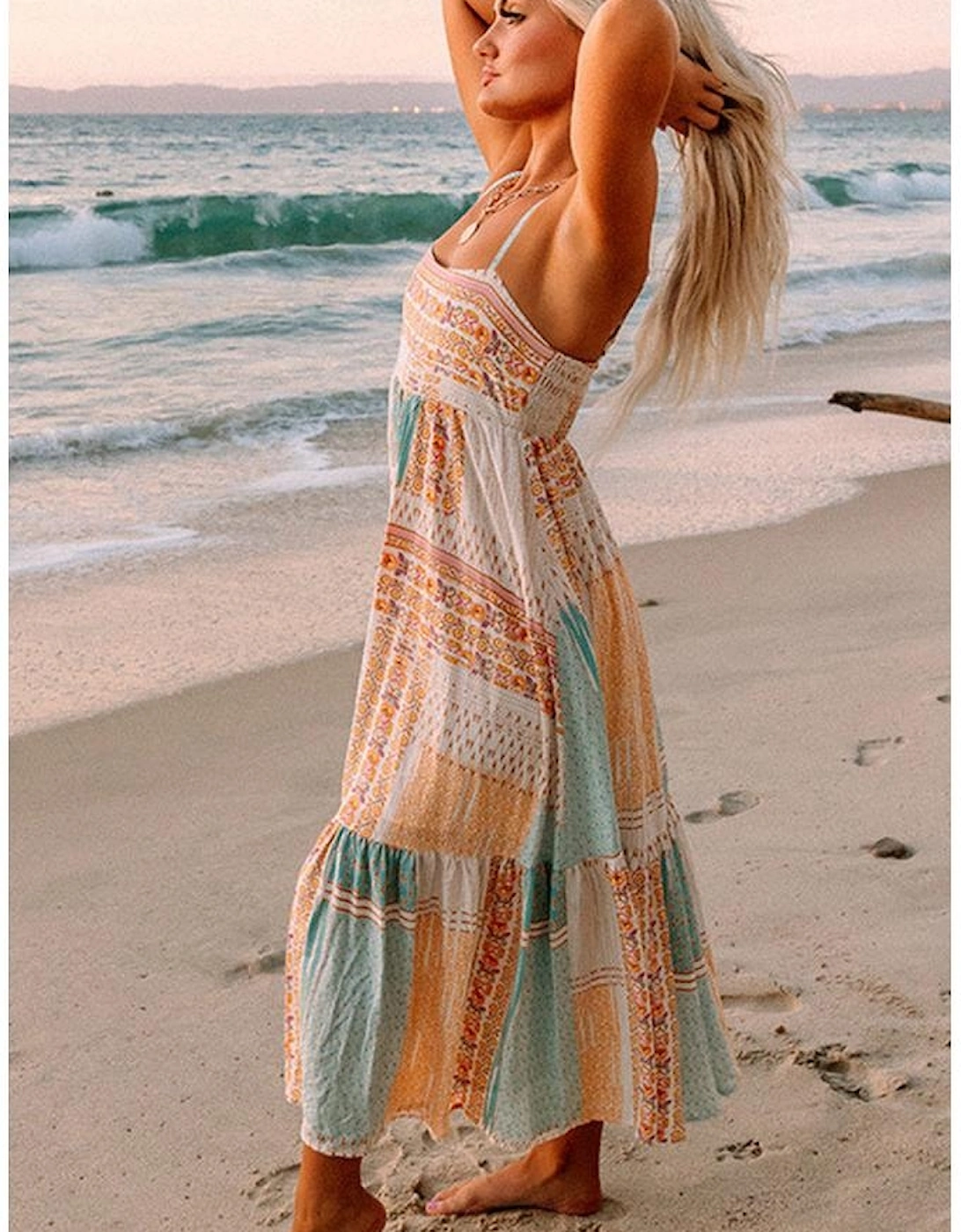 Multicolor Boho Patchwork Print Square Neck Sundress