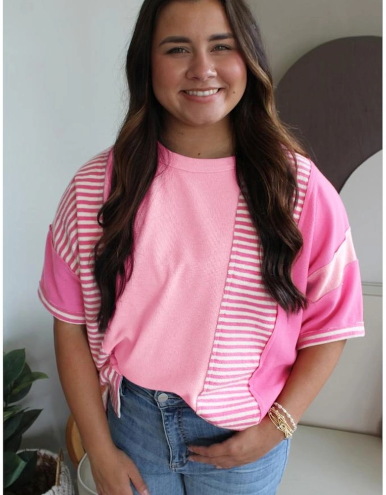 Pink Stripe Patchwork Colorblock Plus Size T Shirt