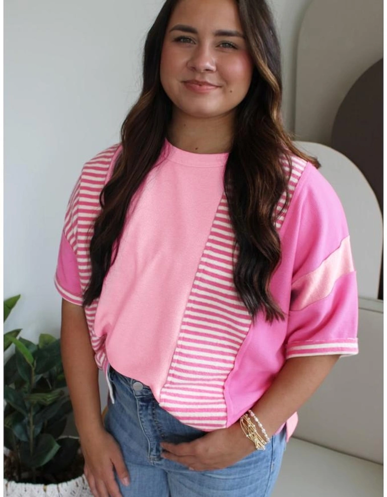 Pink Stripe Patchwork Colorblock Plus Size T Shirt