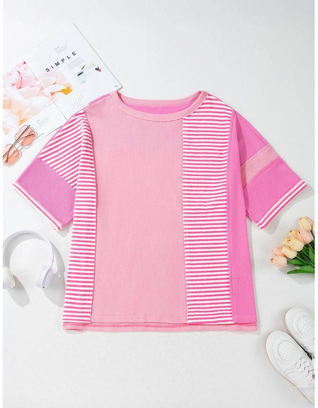 Pink Stripe Patchwork Colorblock Plus Size T Shirt