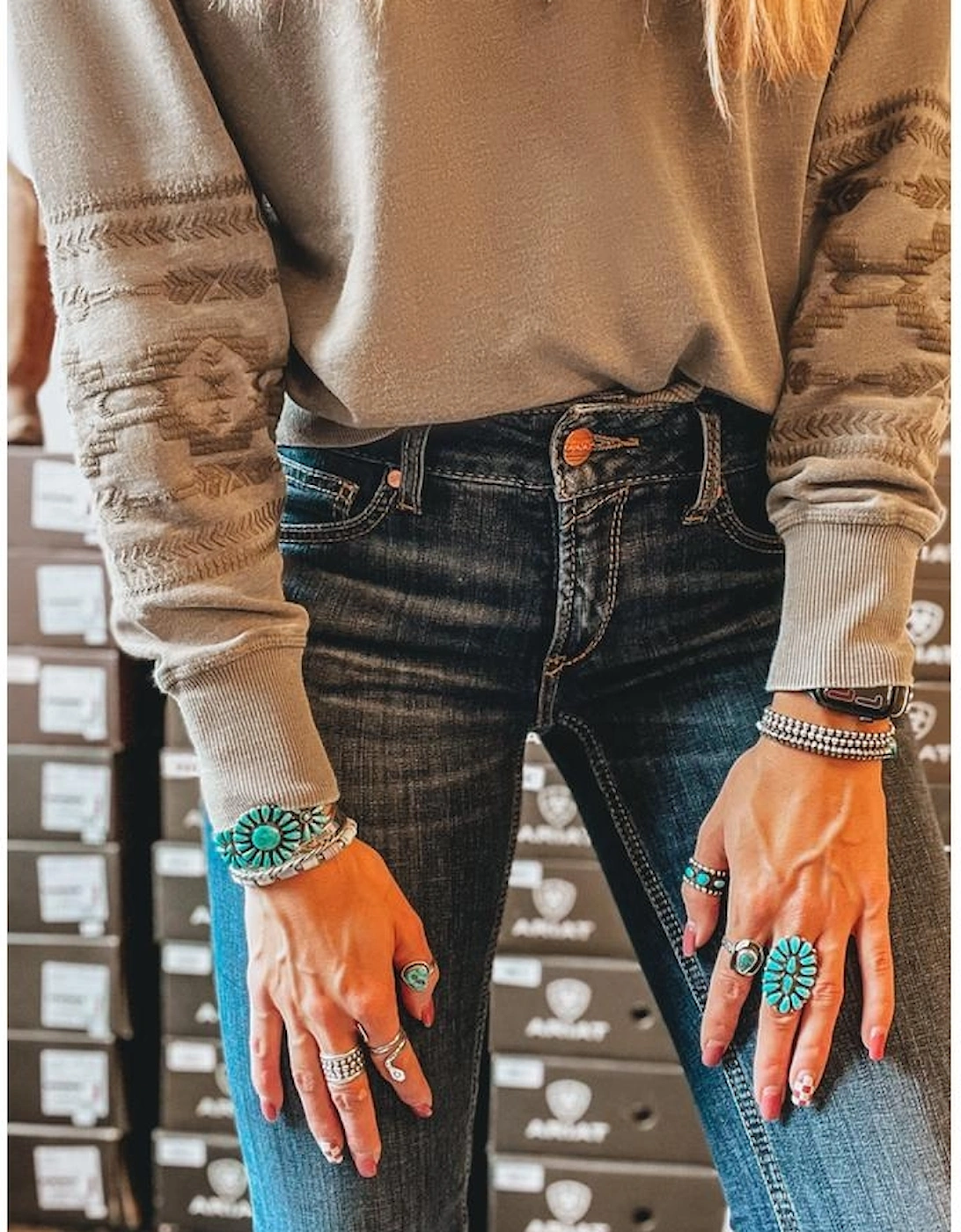 Parchment Aztec Embroidered Western V Neck Sweatshirt