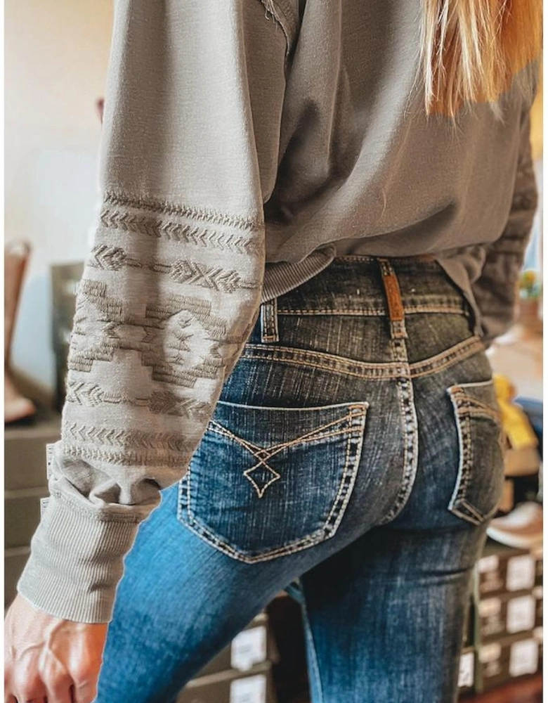 Parchment Aztec Embroidered Western V Neck Sweatshirt