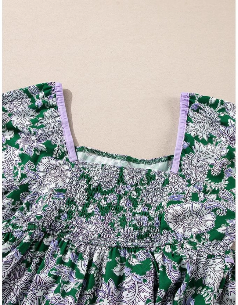 Green Floral Print Piping Trim Bubble Sleeve Square Neck Dress