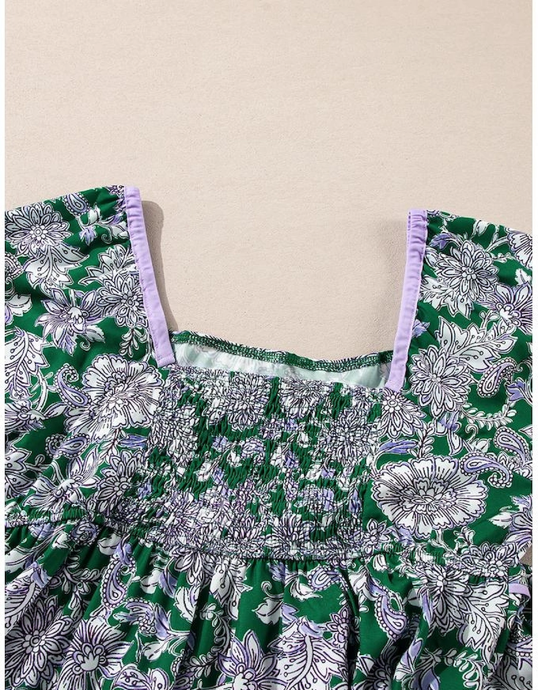 Green Floral Print Piping Trim Bubble Sleeve Square Neck Dress