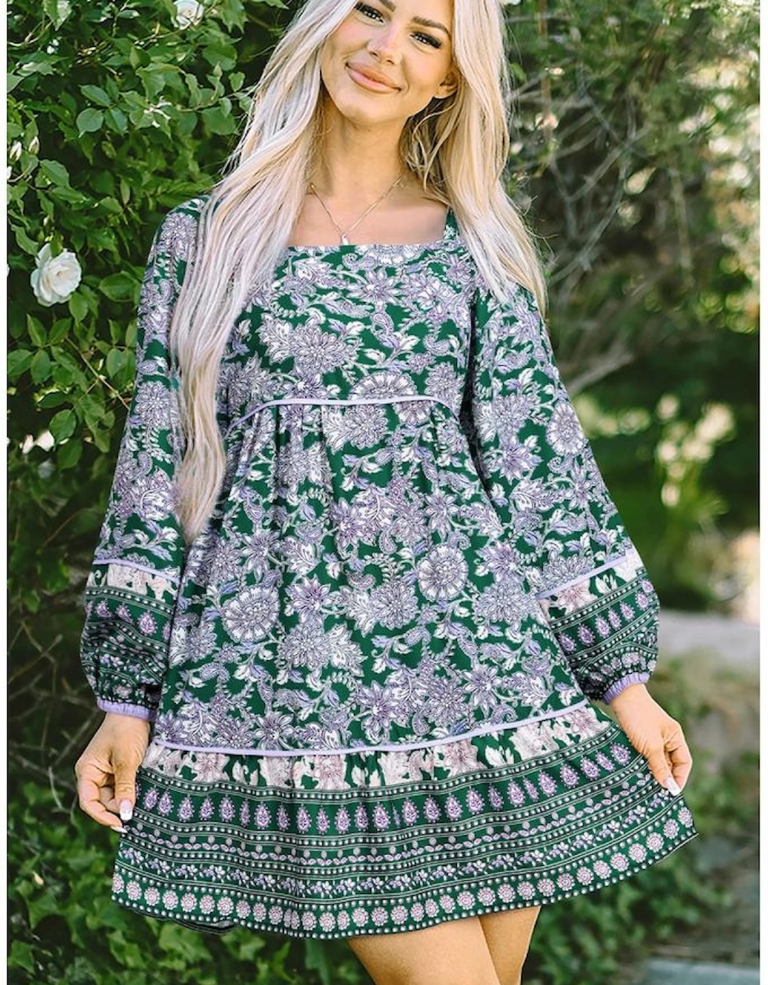 Green Floral Print Piping Trim Bubble Sleeve Square Neck Dress