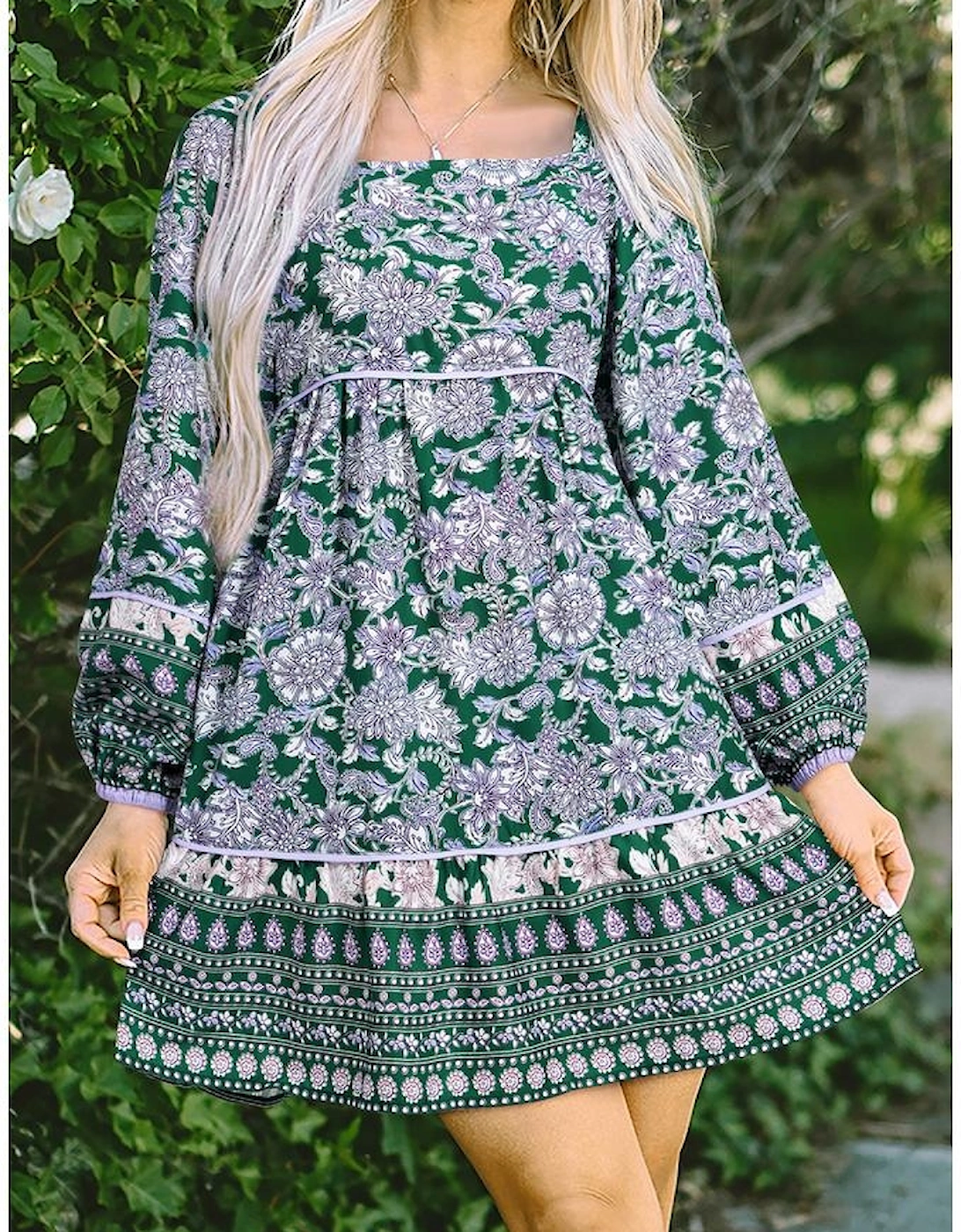 Green Floral Print Piping Trim Bubble Sleeve Square Neck Dress, 10 of 9