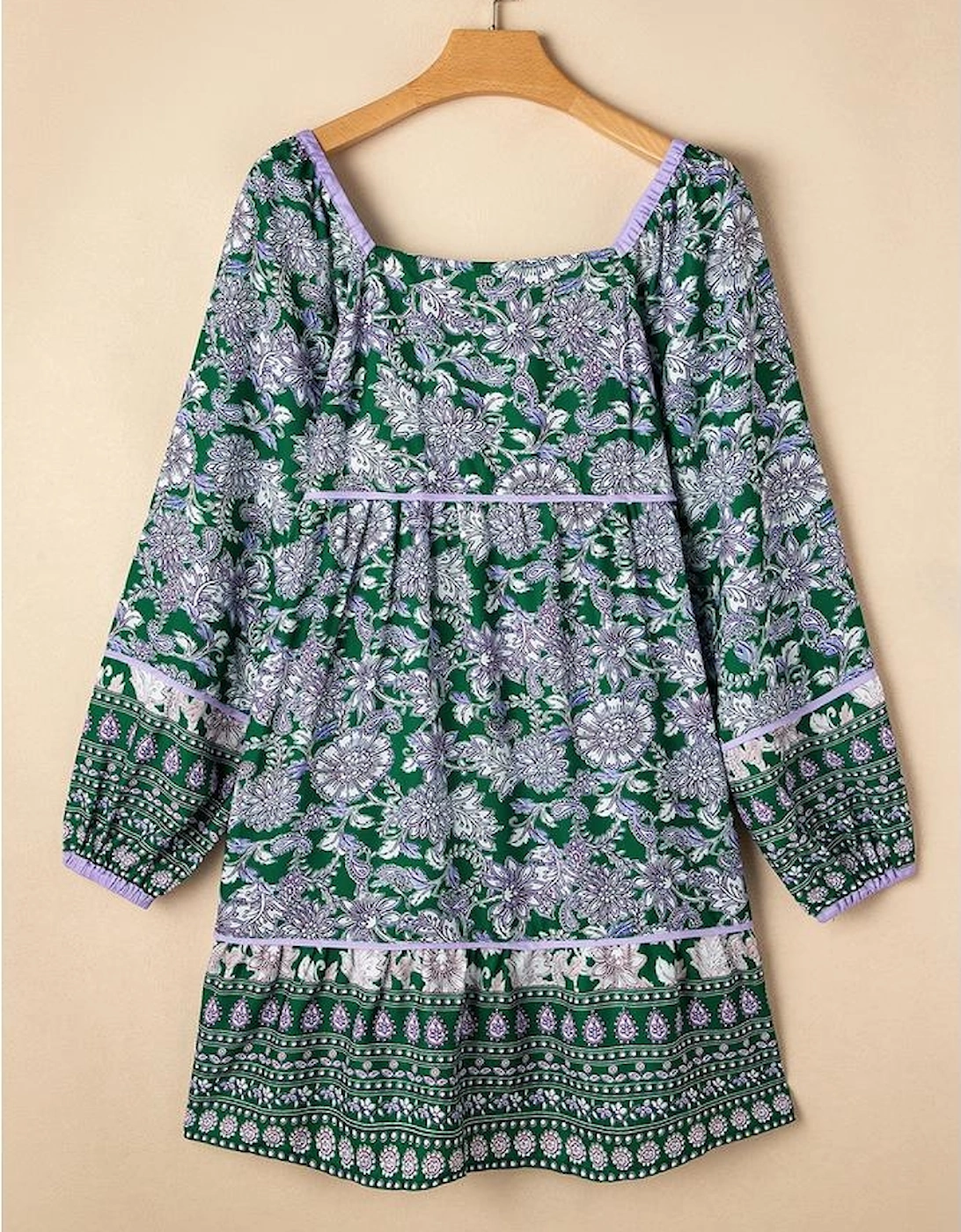Green Floral Print Piping Trim Bubble Sleeve Square Neck Dress