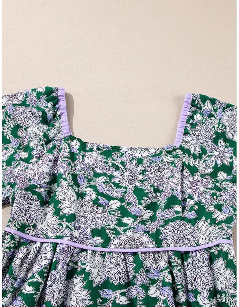 Green Floral Print Piping Trim Bubble Sleeve Square Neck Dress