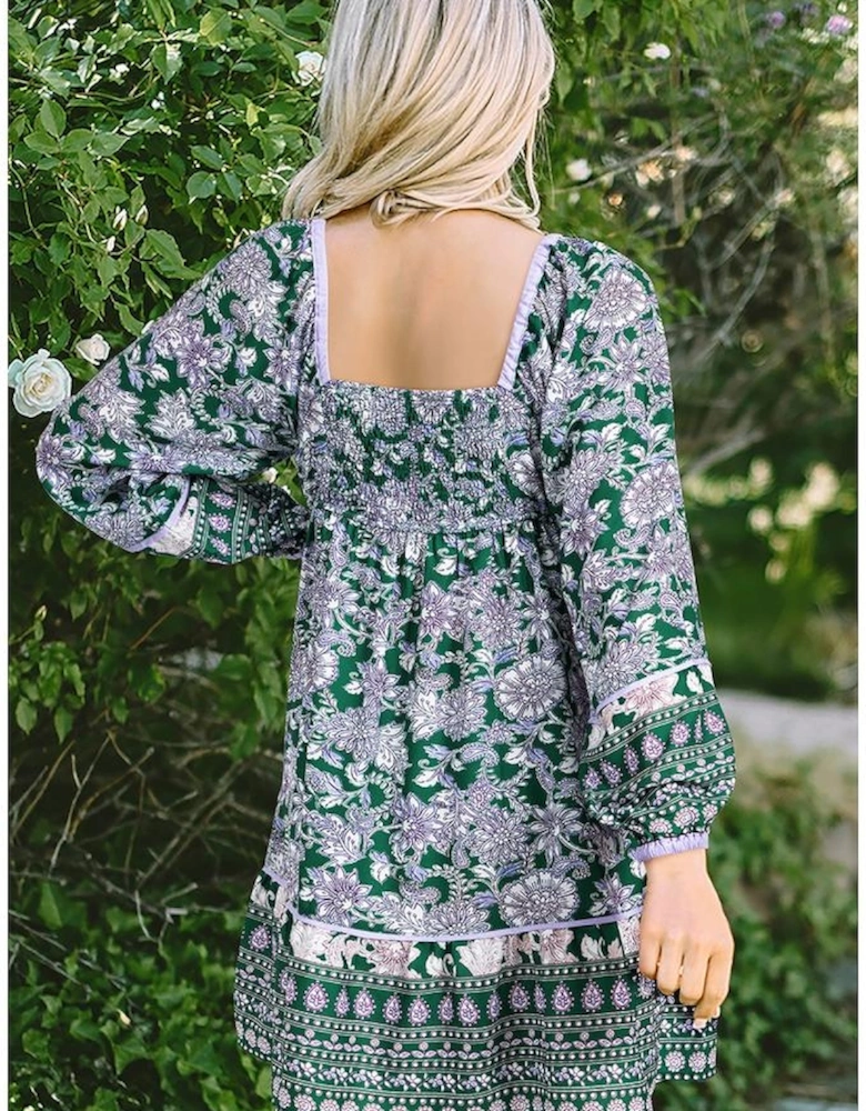 Green Floral Print Piping Trim Bubble Sleeve Square Neck Dress