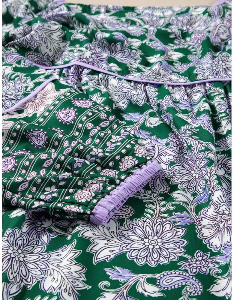 Green Floral Print Piping Trim Bubble Sleeve Square Neck Dress