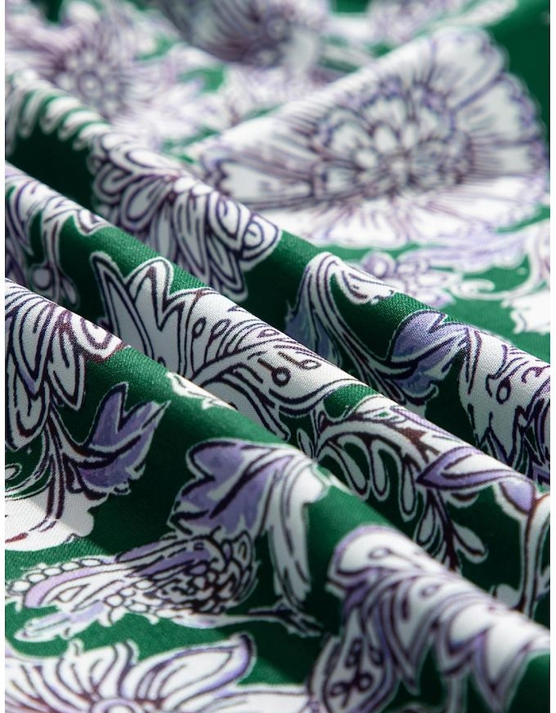 Green Floral Print Piping Trim Bubble Sleeve Square Neck Dress