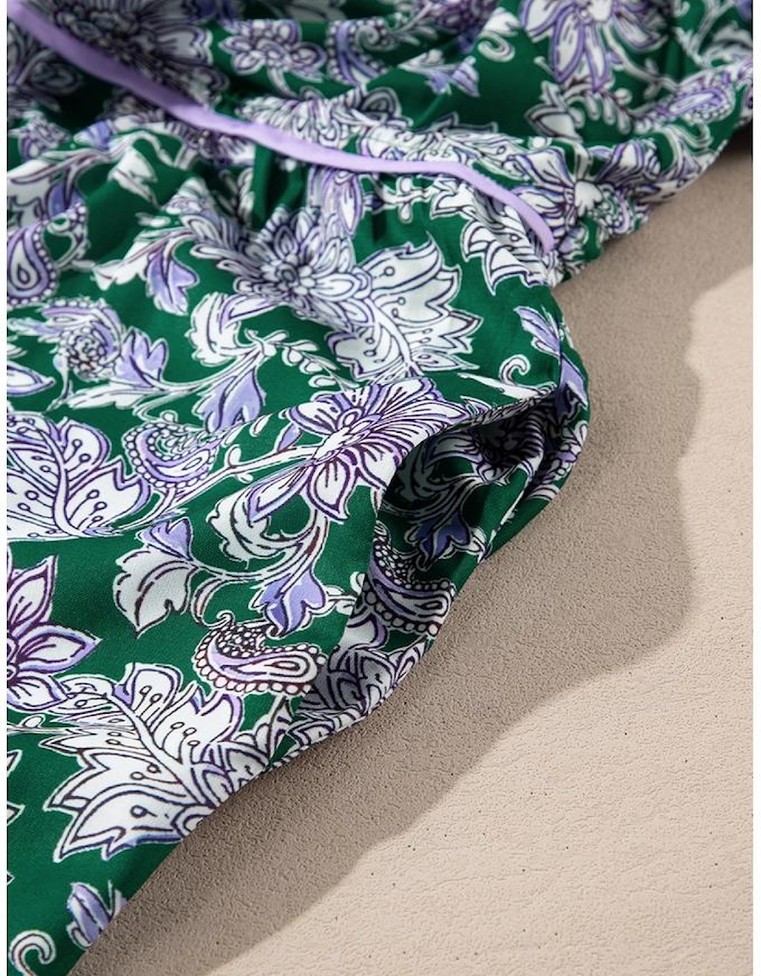 Green Floral Print Piping Trim Bubble Sleeve Square Neck Dress